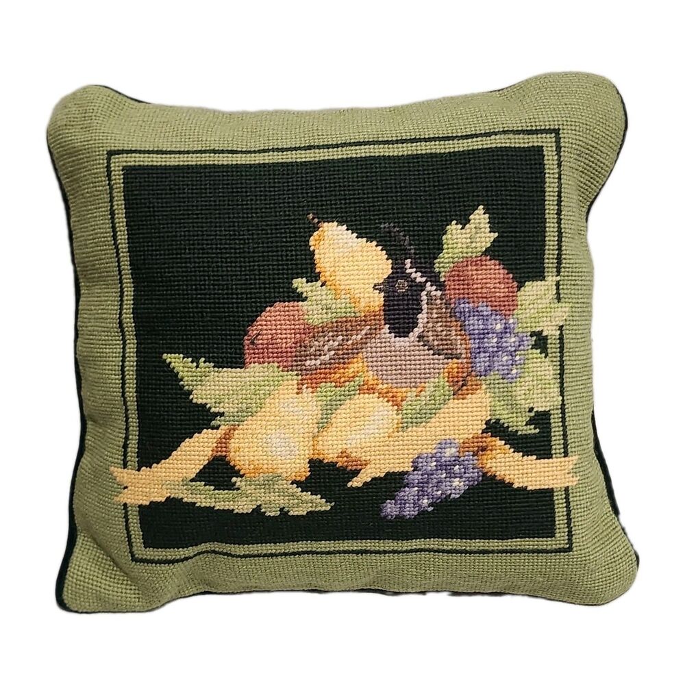 Vintage 90s Imperial Elegance Needlepoint Pillow Quail With Fruit Wool 14x14